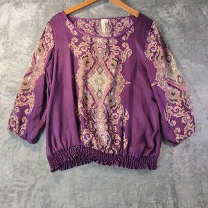 Como Vintage Women L Paisley Purple Boho Balloon Sleeve Smocked Hem Top Artsy